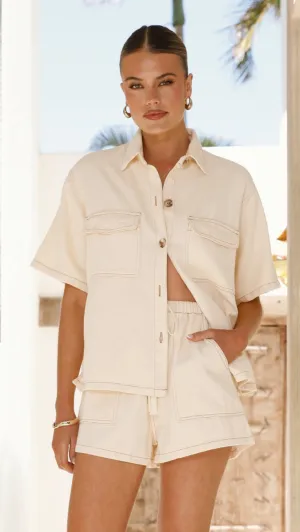 Loretta Button Up Shirt and Shorts Set - Beige / Cream Reinforced Edges