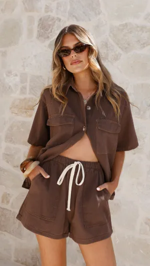Cozy Knit Timeless Wear Loretta Button Up Shirt and Shorts Set - Chocolate