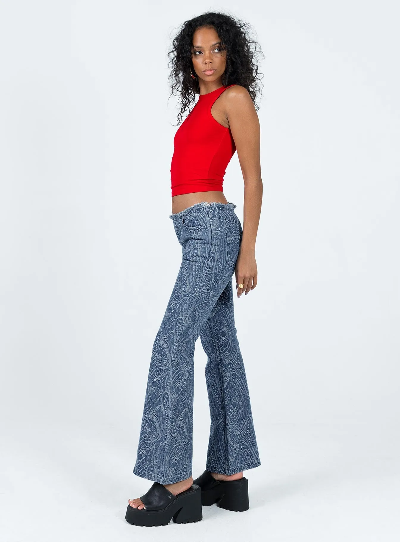 Style Essential Flexible Waistband Construction Loweana Low Rise Jacquard Flare Jean Blue Denim