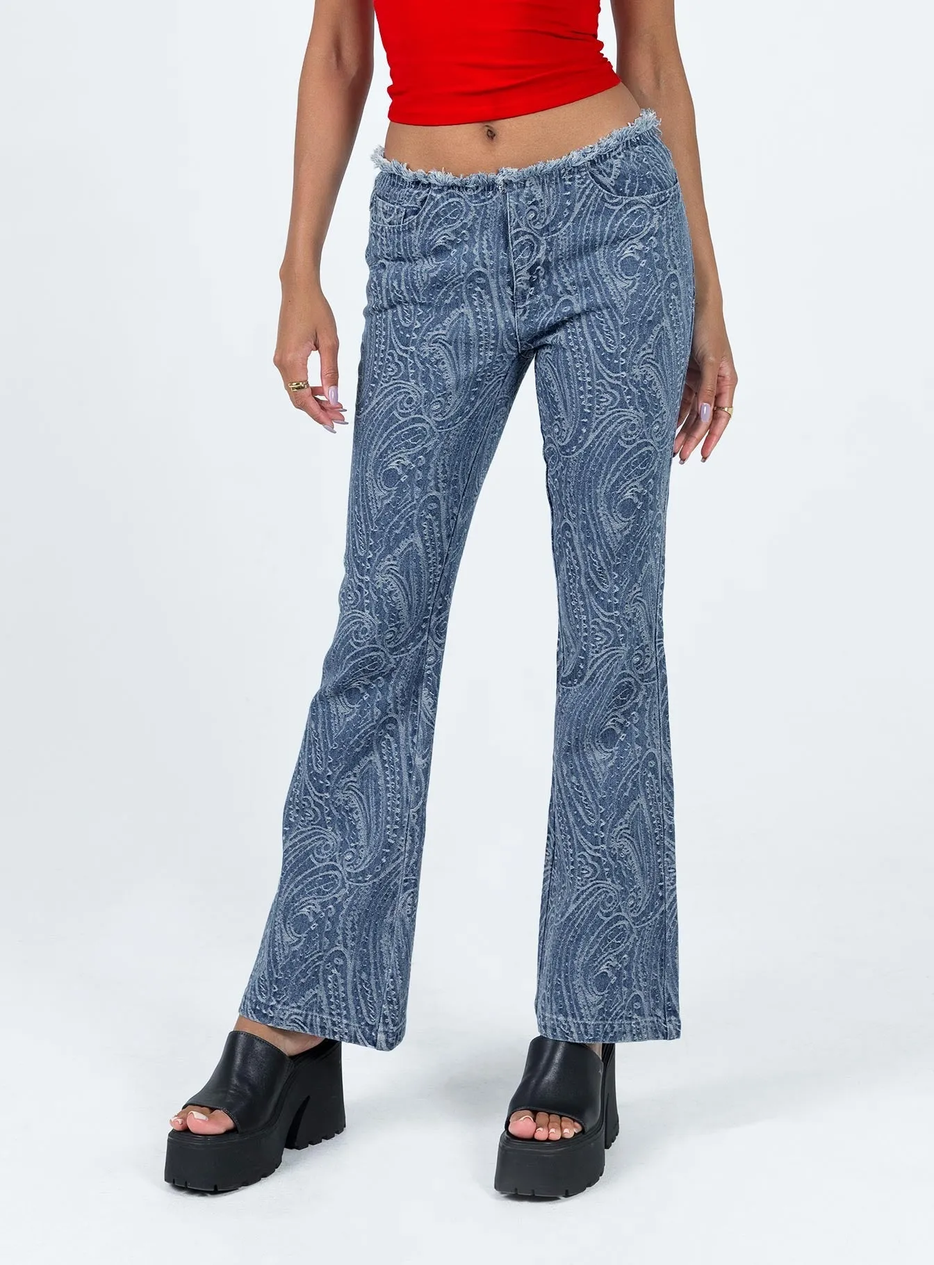 Go-to Wear Loweana Low Rise Jacquard Flare Jean Blue Denim