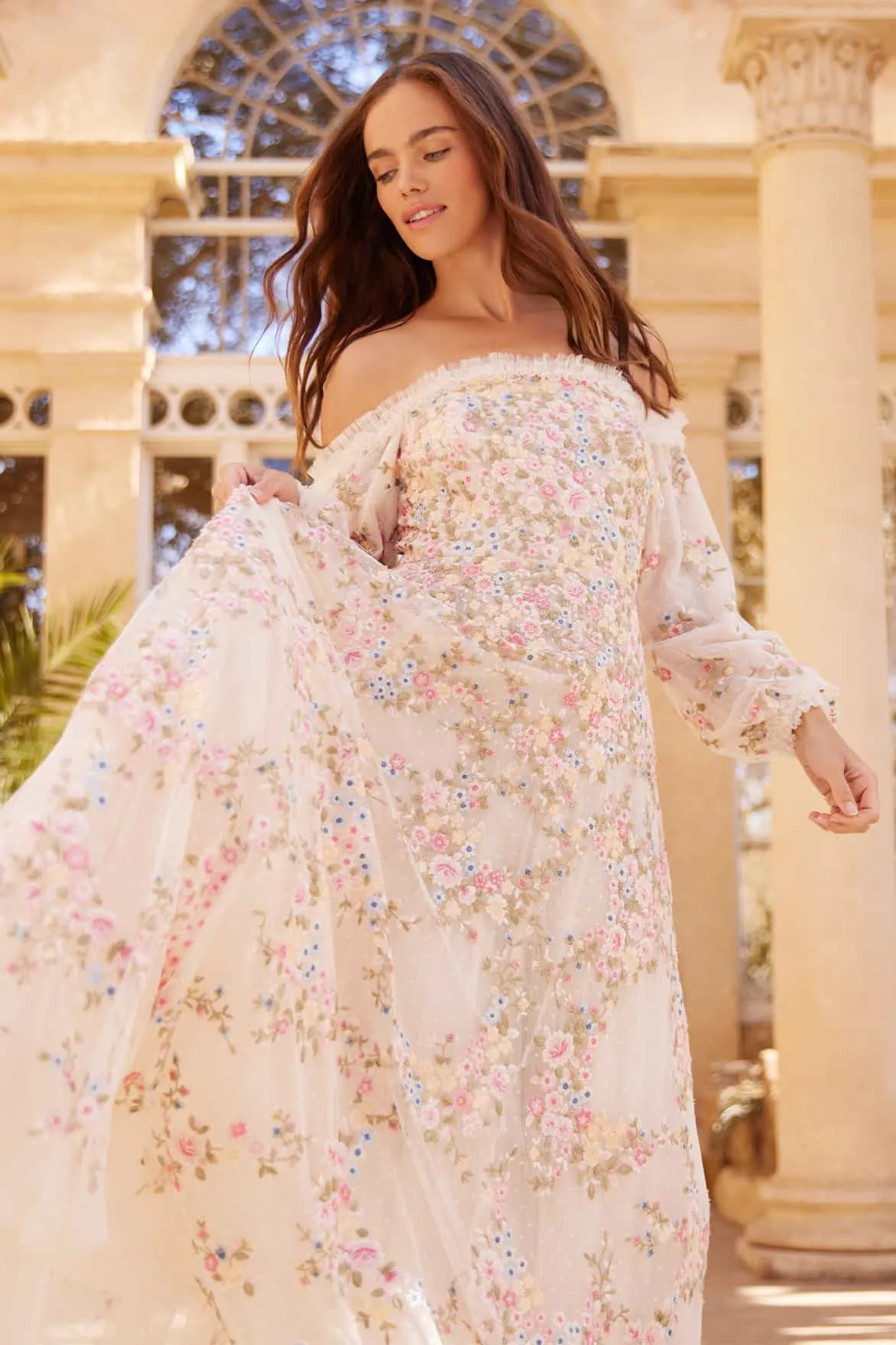 Work Ease Lunaria Wreath Off-Shoulder Long Sleeve Gown