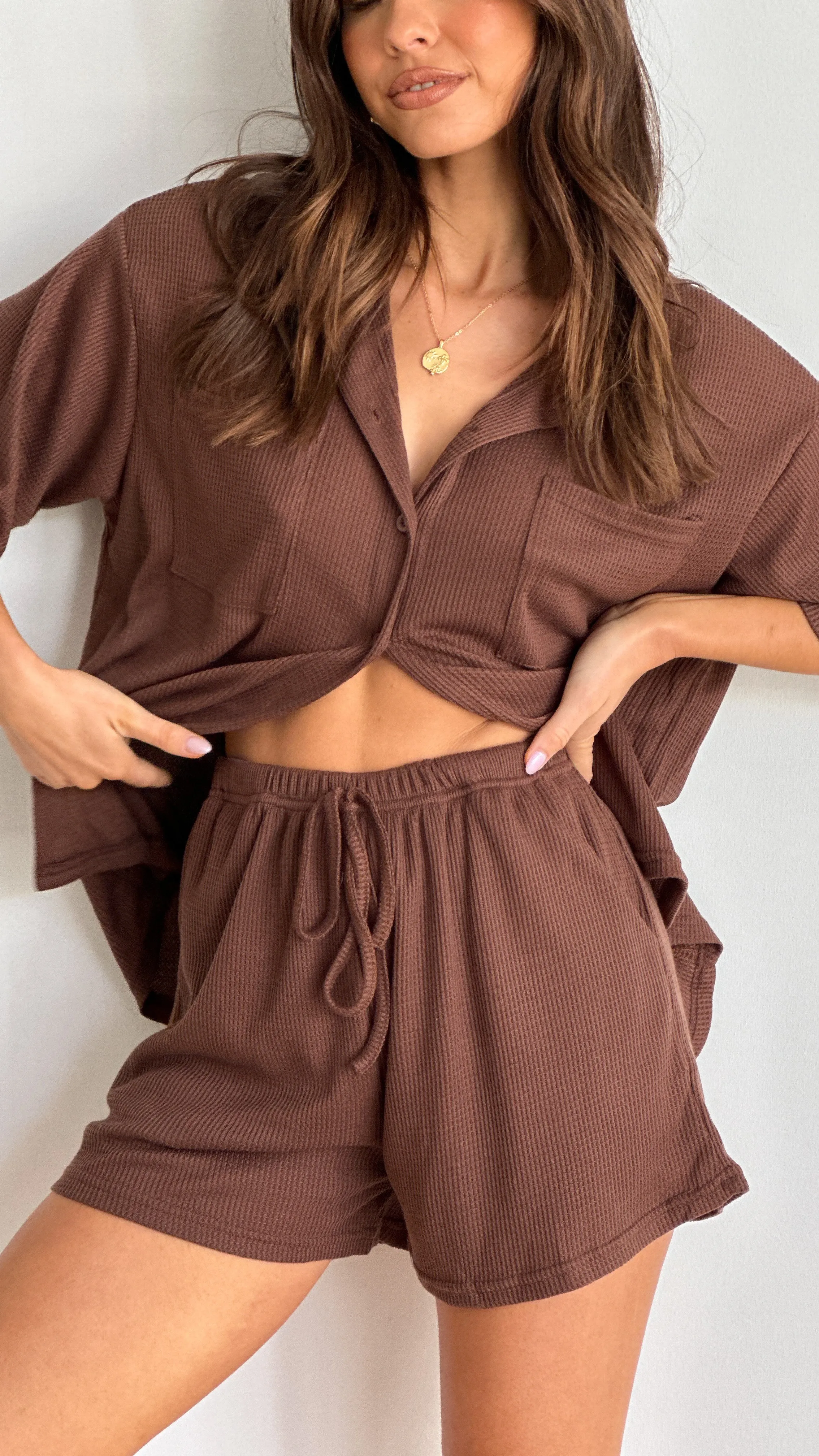 Conscious Fit Machiko Button Up Shirt and Shorts Set - Brown Waffle Knit