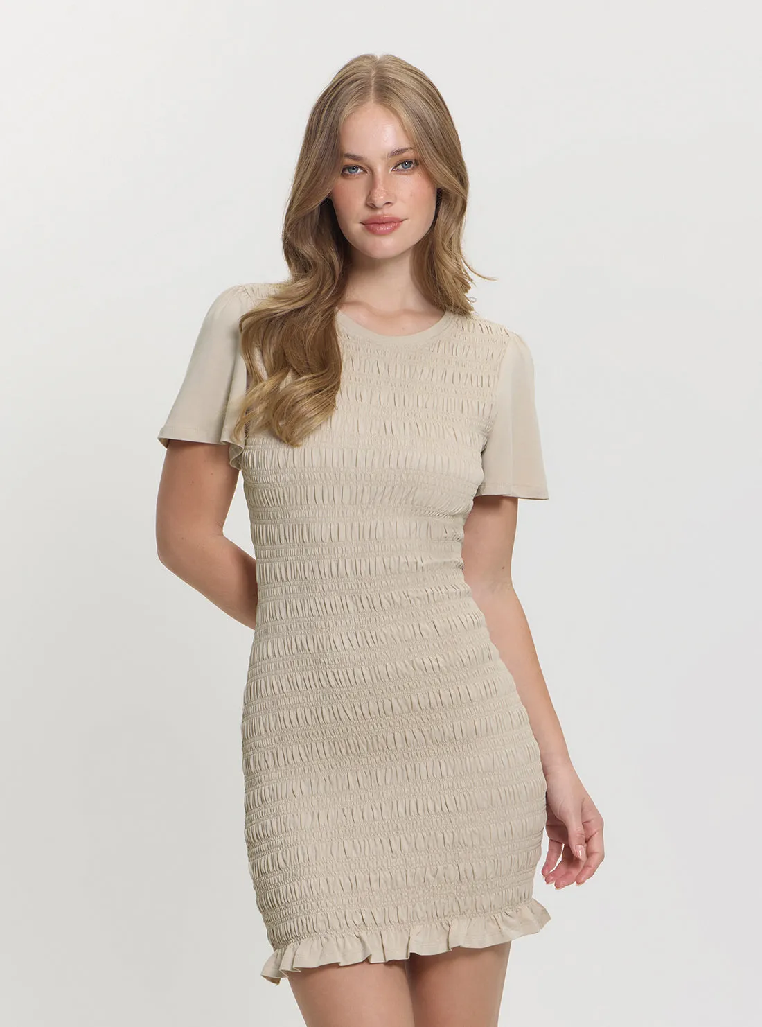 Air Beauty Beige Claire Smock Mini Dress