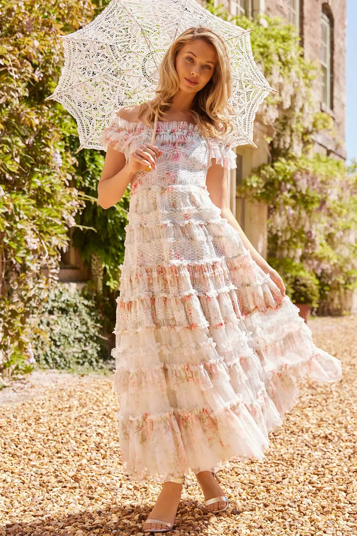 Light Coral Madame Rose Elodie Off-Shoulder Ankle Gown