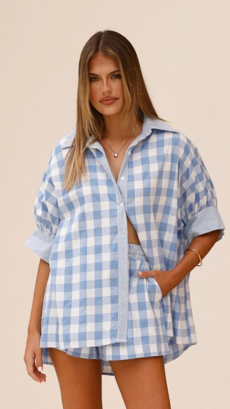 Sun Protection Fabric Mahalie Button Up Top - Sky Blue Check