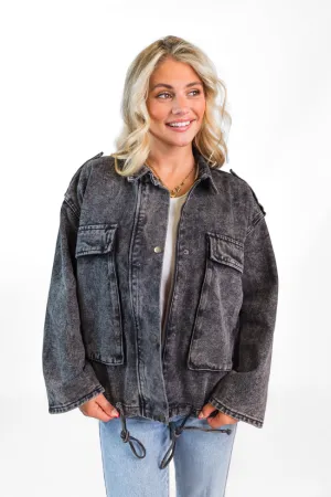 Mandie Washed Black Denim Jacket FINAL SALE Adjustable hood design Microfiber Shell