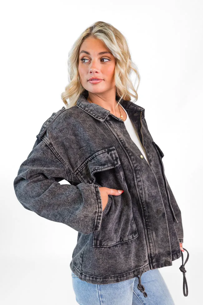 Mandie Washed Black Denim Jacket FINAL SALE Quick Release Buckle Wrinkle Free Exterior