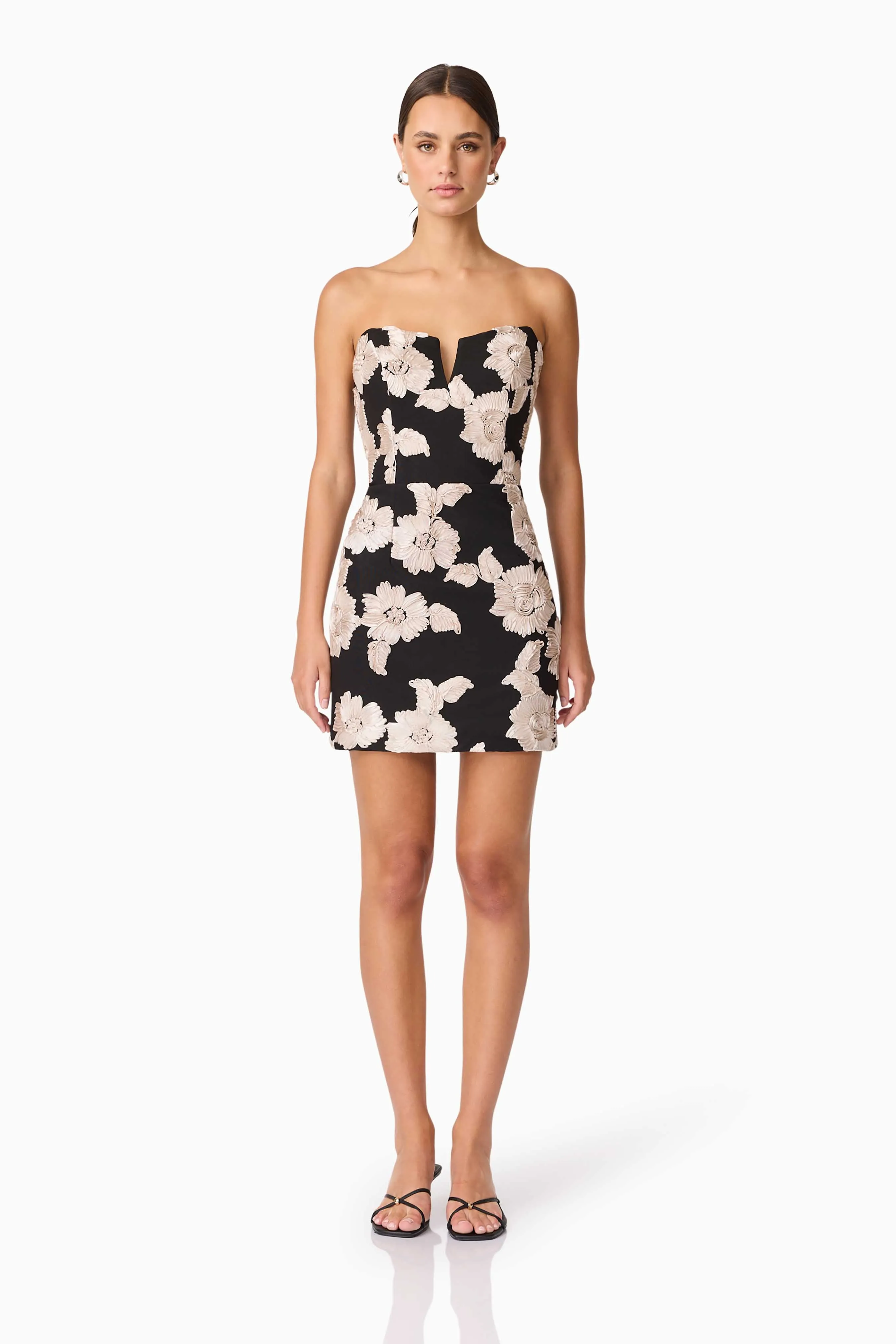 Light Silhouette Margaux Strapless Mini Dress in Black & Gold Floral