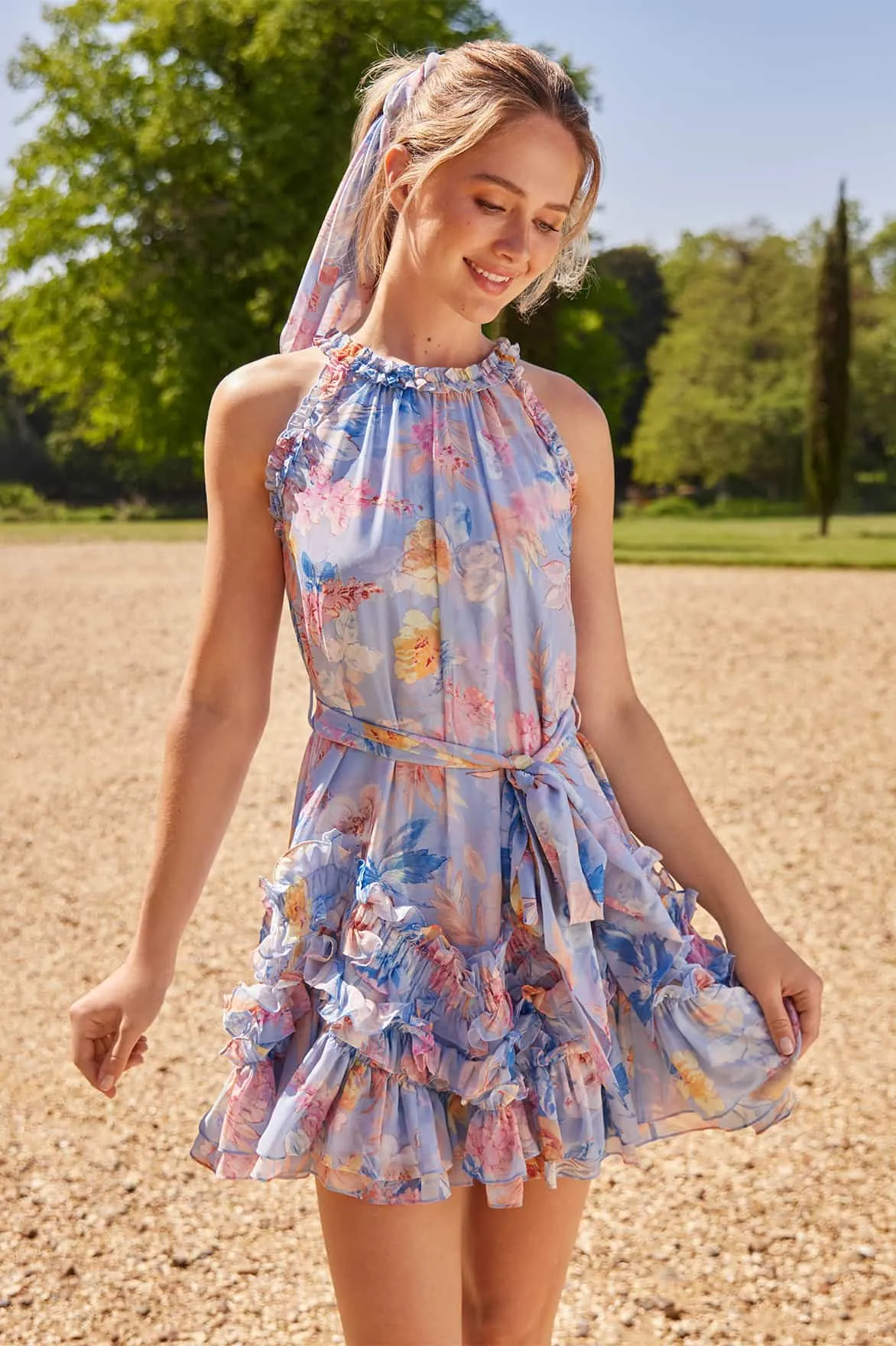 Mariannes Floral Chiffon Sleeveless Micro Mini Dress Anti-Static-Finish