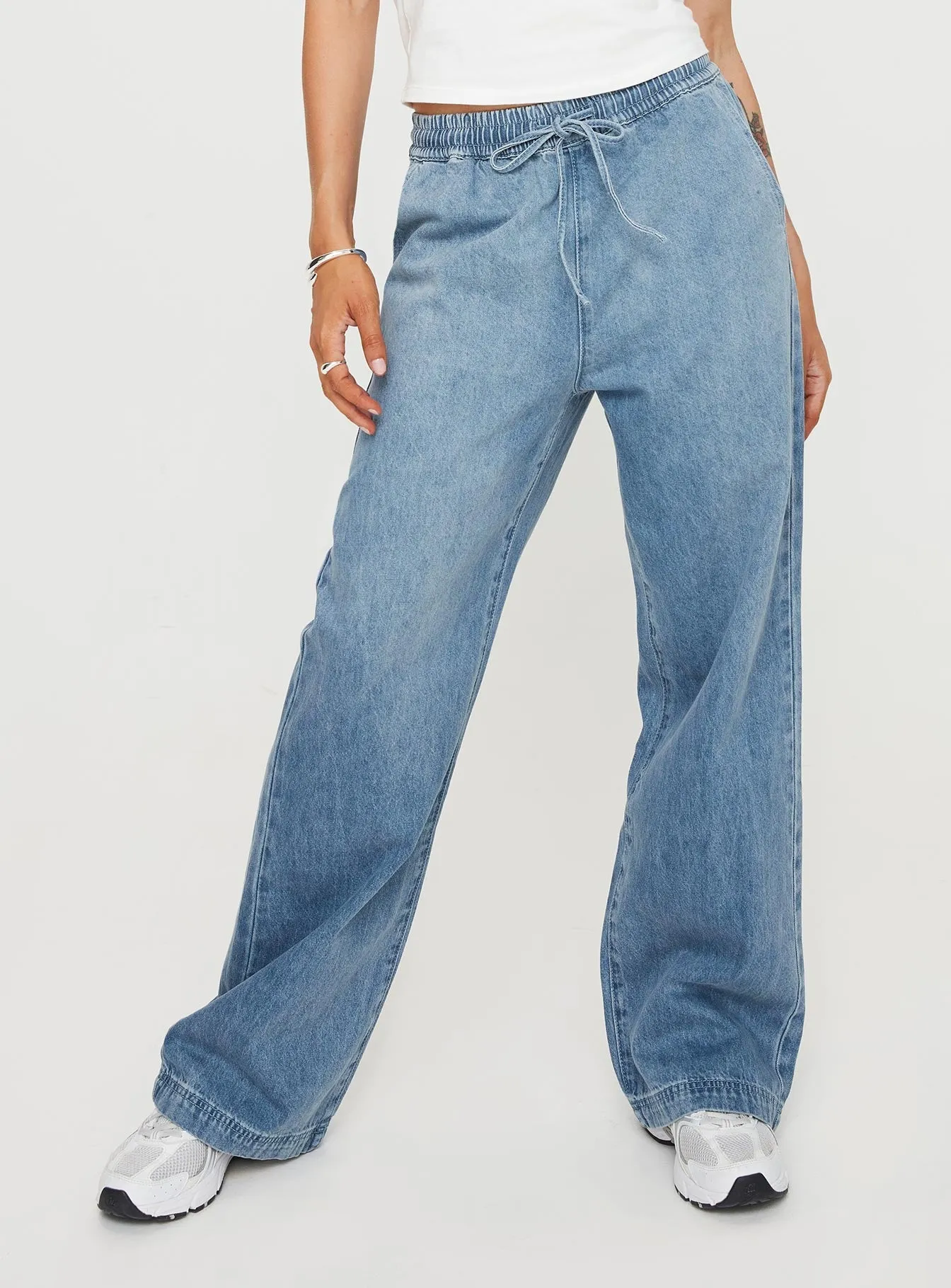 Maves Denim Drawstring Pants Mid Wash Light Stretch