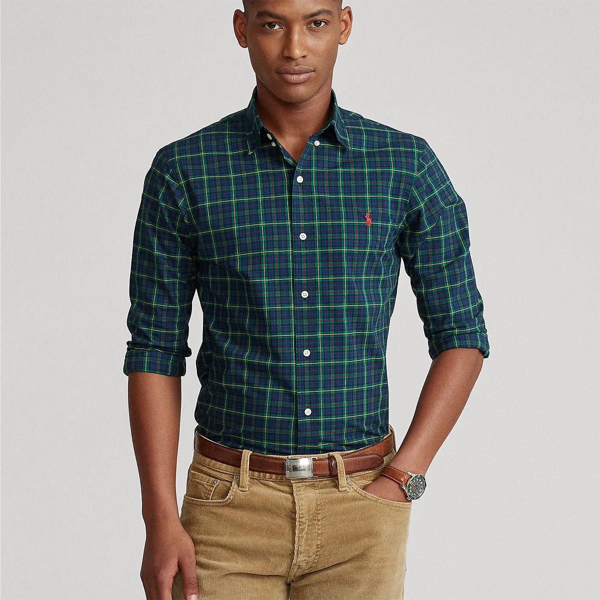 Cozy and Fashionable QuickDry Polo Ralph Lauren - Custom Fit Plaid Poplin Shirt in Navy/Green