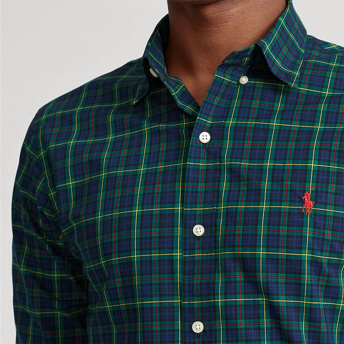 Polo Ralph Lauren - Custom Fit Plaid Poplin Shirt in Navy/Green Durable Collar Construction