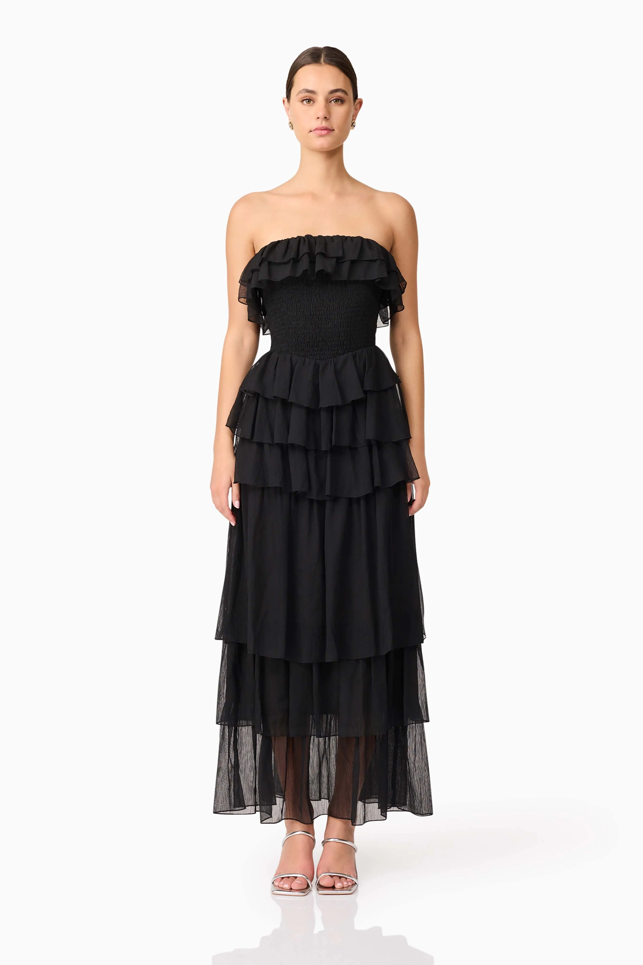 Melissa Strapless Maxi Dress in Black Modest Light Airy Feel