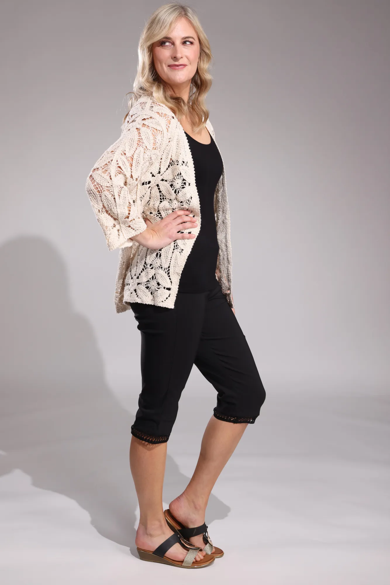 Mid Calf Pants with lattice trim | Black | 6302A1 Non slip grip Comfy Material