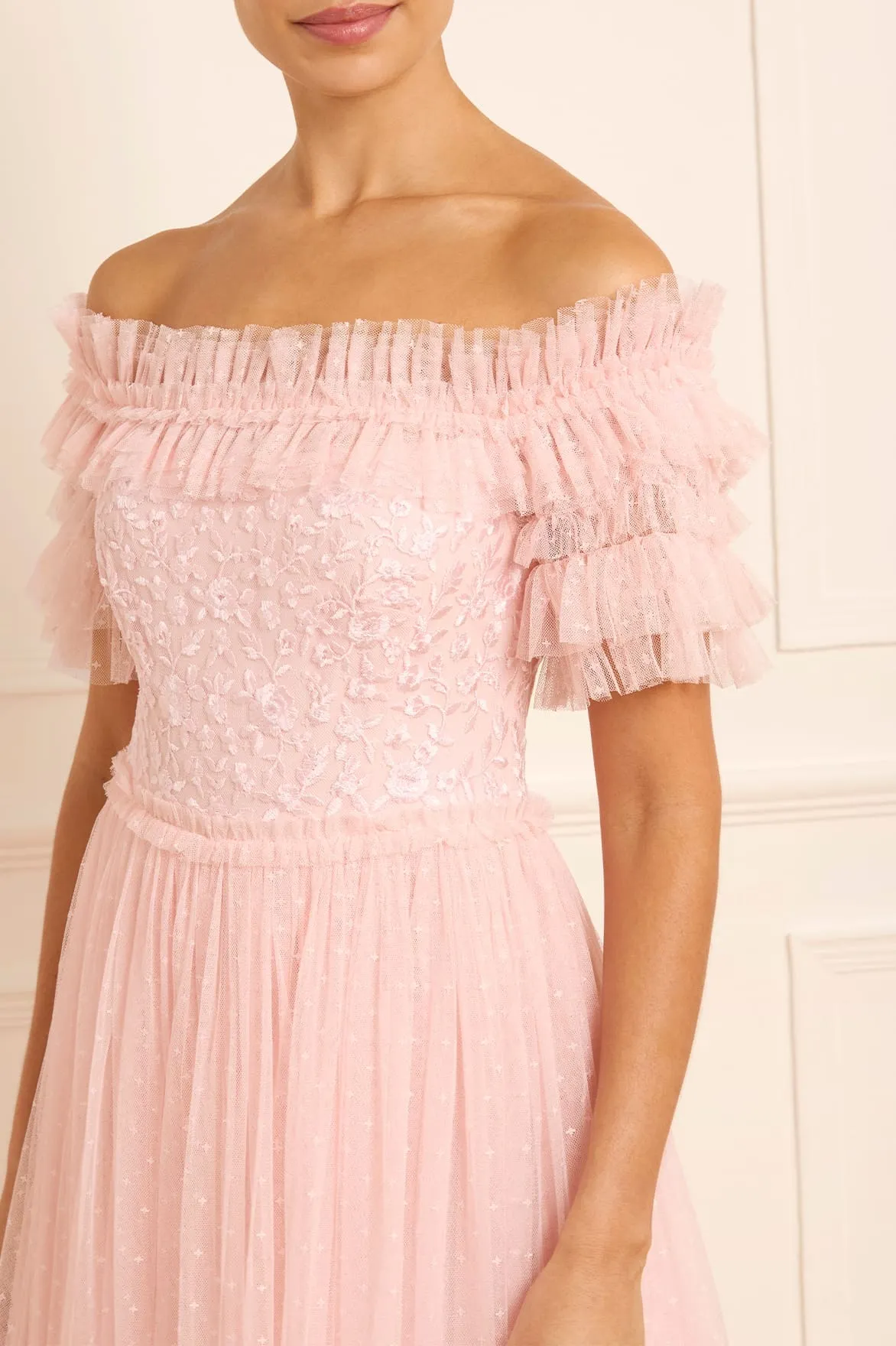 Midsummer Lace Bodice Off-Shoulder Ankle Gown Luxe Comfort