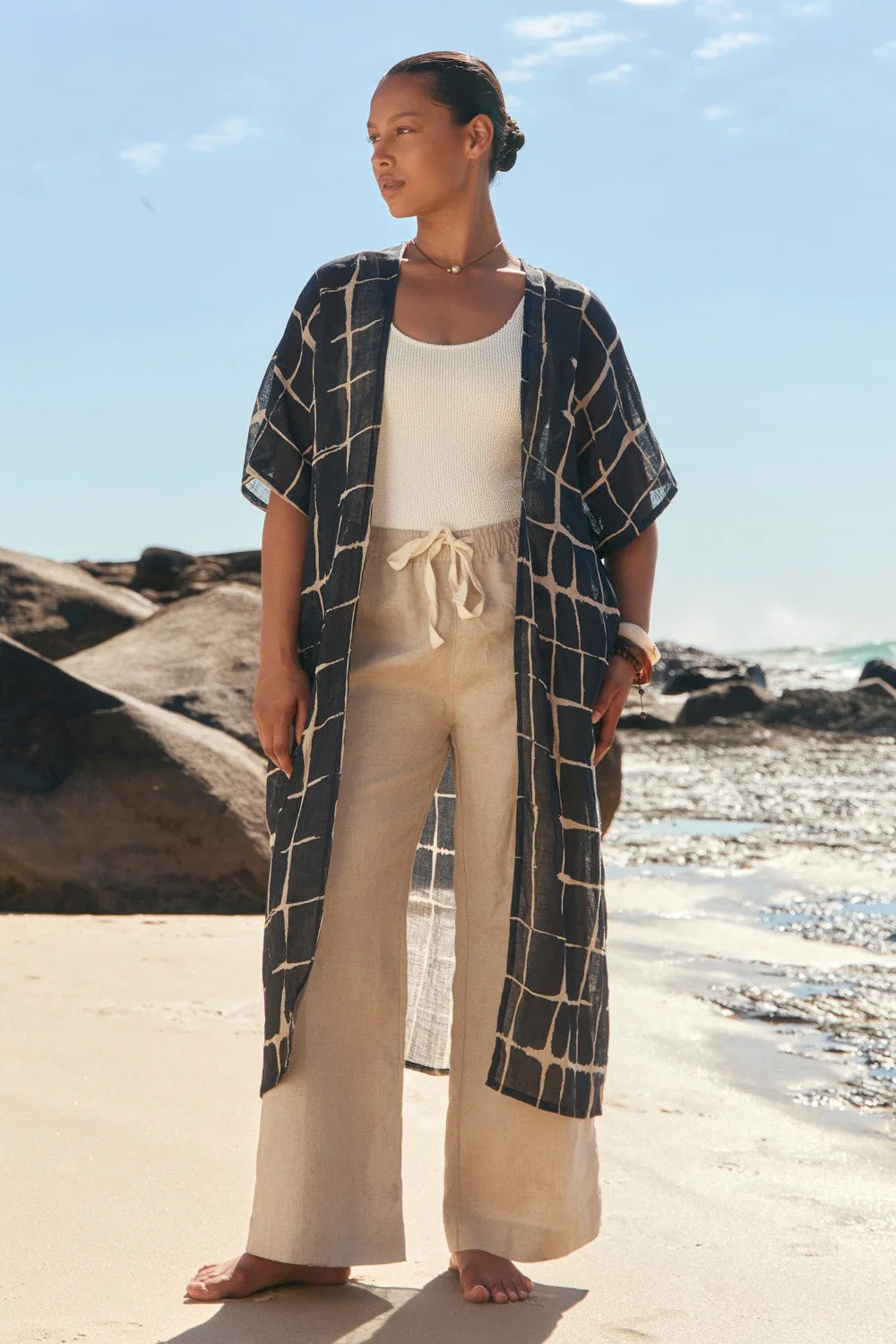 Foldable Collar Liv Linen Duster in Woven Echo