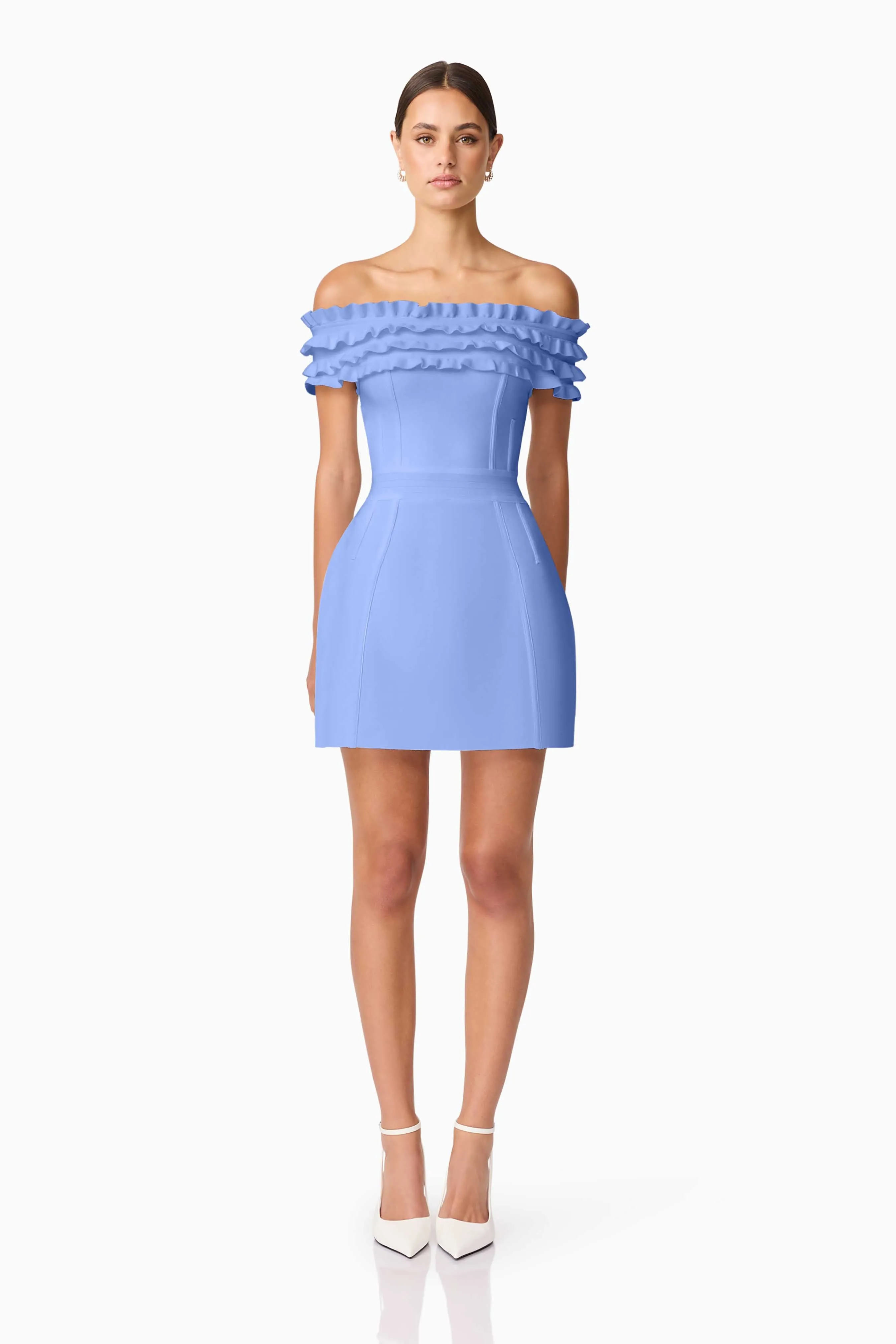 Sonya Off The Shoulder Mini Dress in Blue Sharp Finish