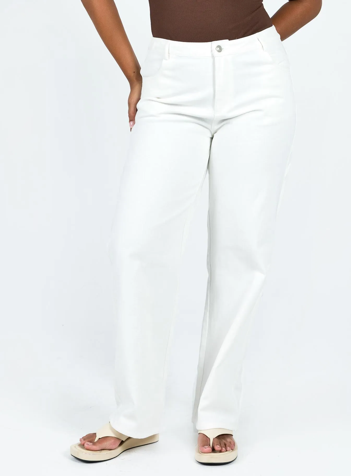 Garza Wide Leg Jeans White Denim Double Layered Knees Shopping Day Adult Fashion Athlete Fit