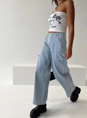 Minimal Edge Textured Vibrant Adrianne Wide Leg Cargo Jeans Light Wash Denim