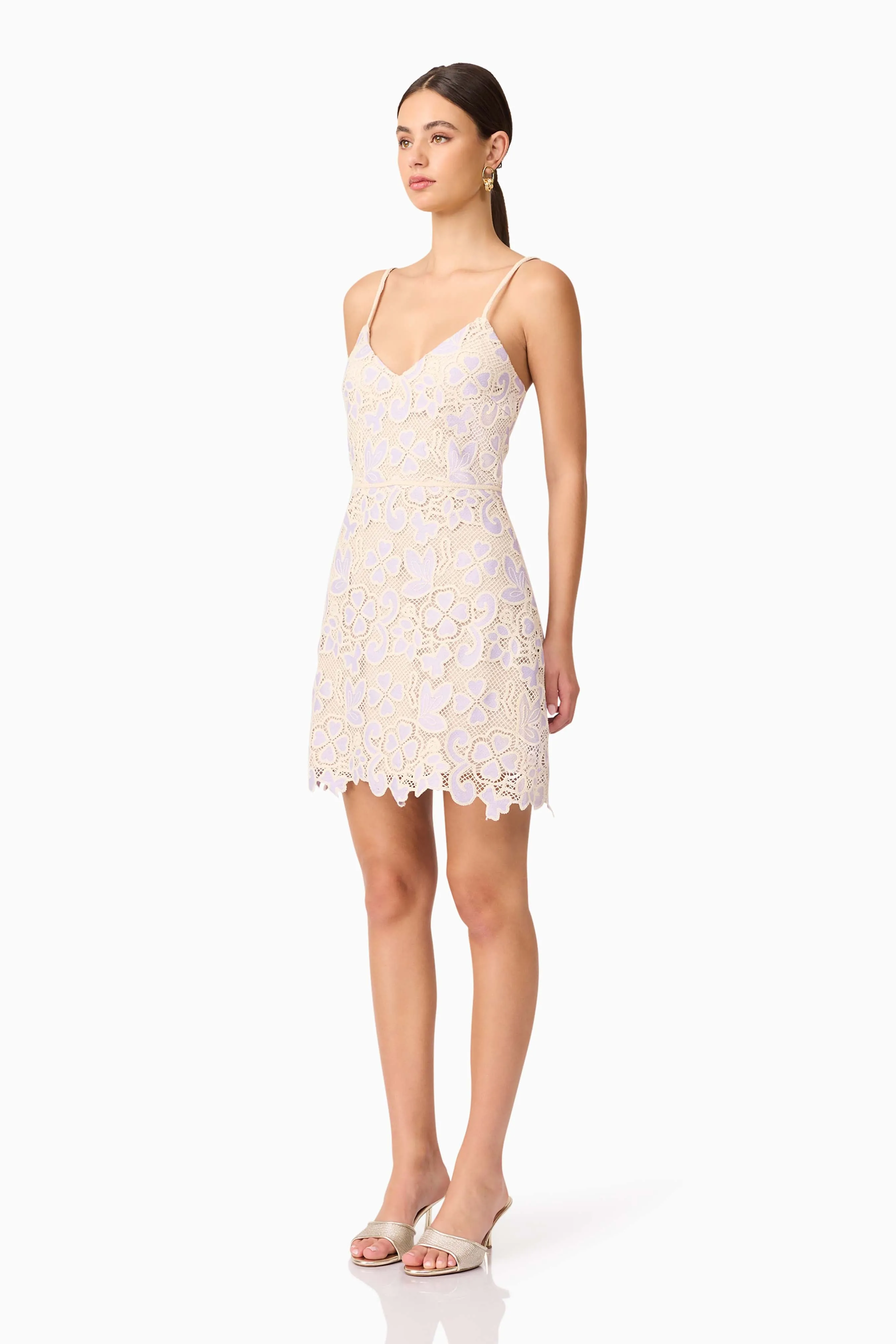 Floral-Pattern Chic Ensemble Jasmine Crochet Mini Dress in Purple & Beige