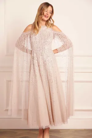 Fall Fashion Moonlight Sequin Cape Sleeve Ankle Gown