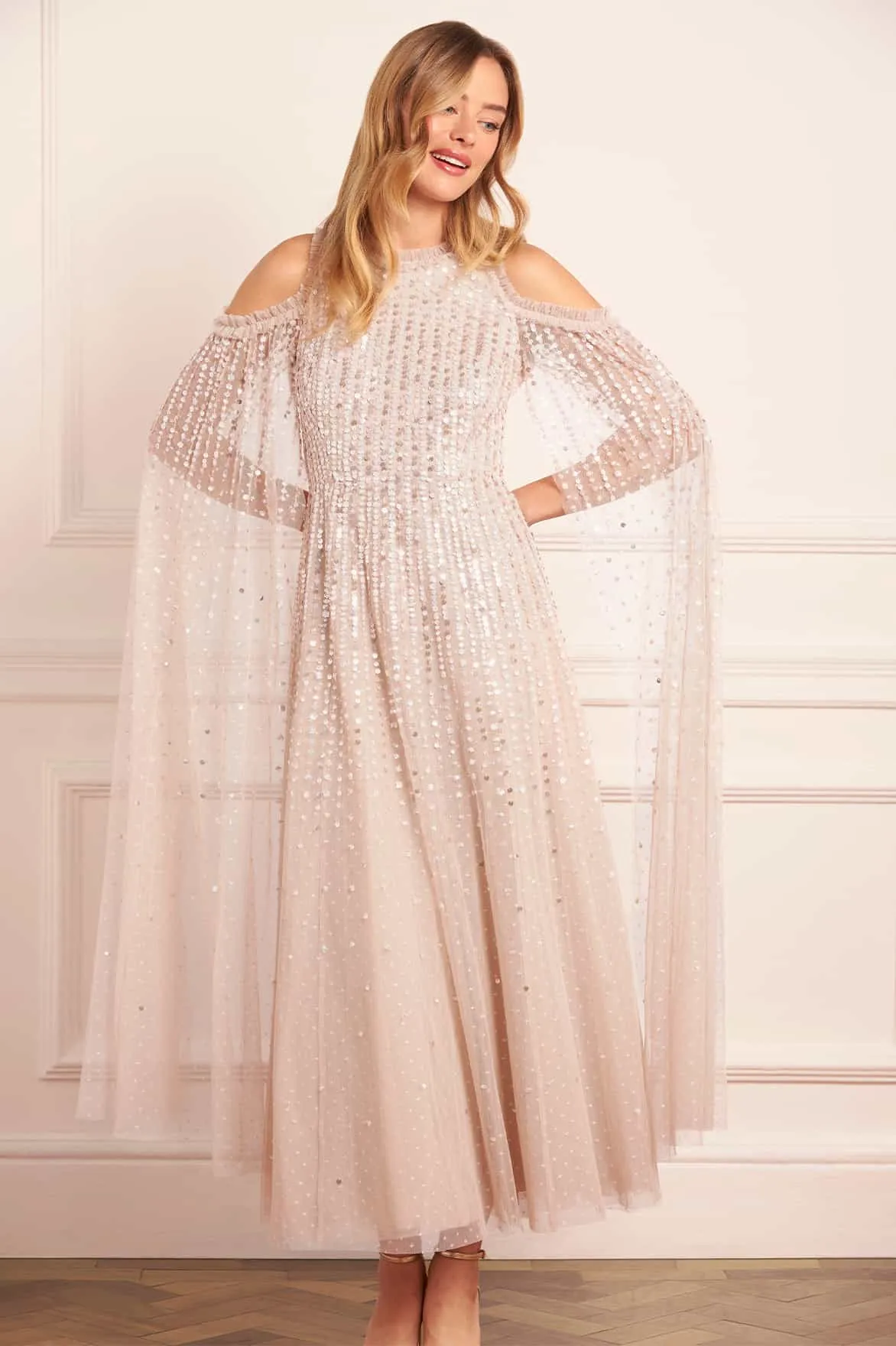 Fall Fashion Moonlight Sequin Cape Sleeve Ankle Gown