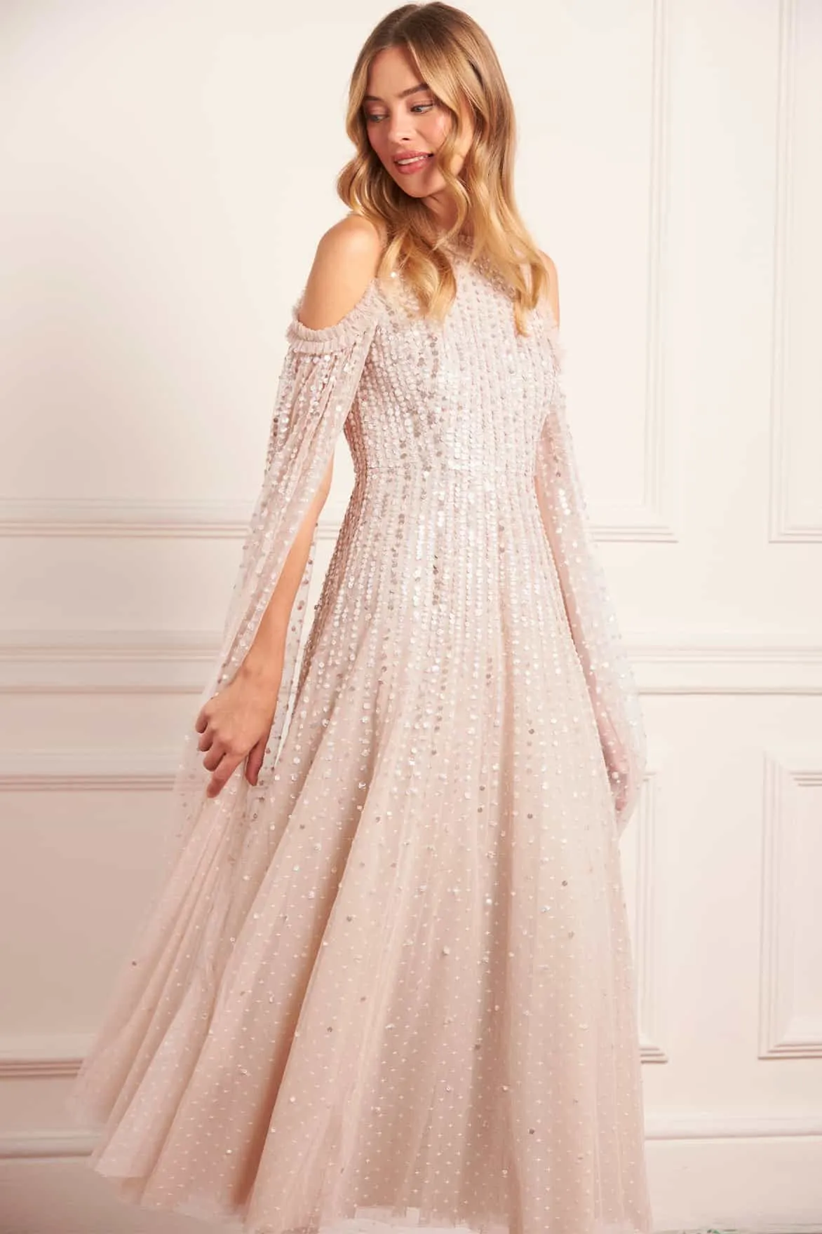 Comfy Shape Moonlight Sequin Cape Sleeve Ankle Gown