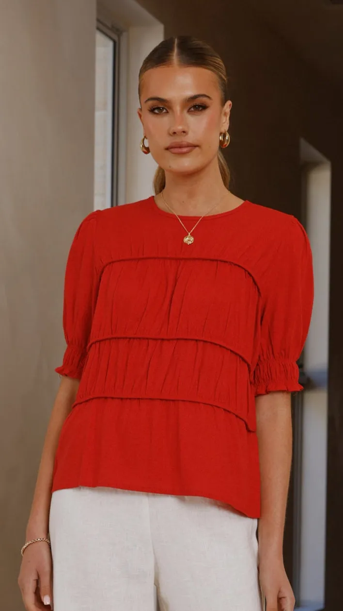 Desk Style Wind Block Kai Short Sleeve Top - Red