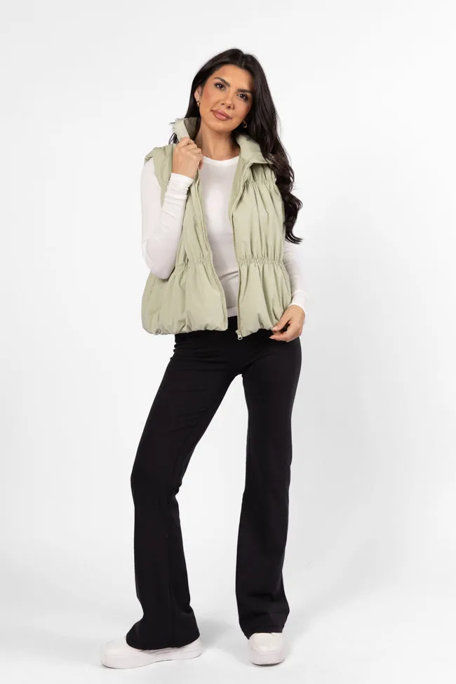 Elegant Evening Mountain High Sage Ruched Puffer Vest FINAL SALE