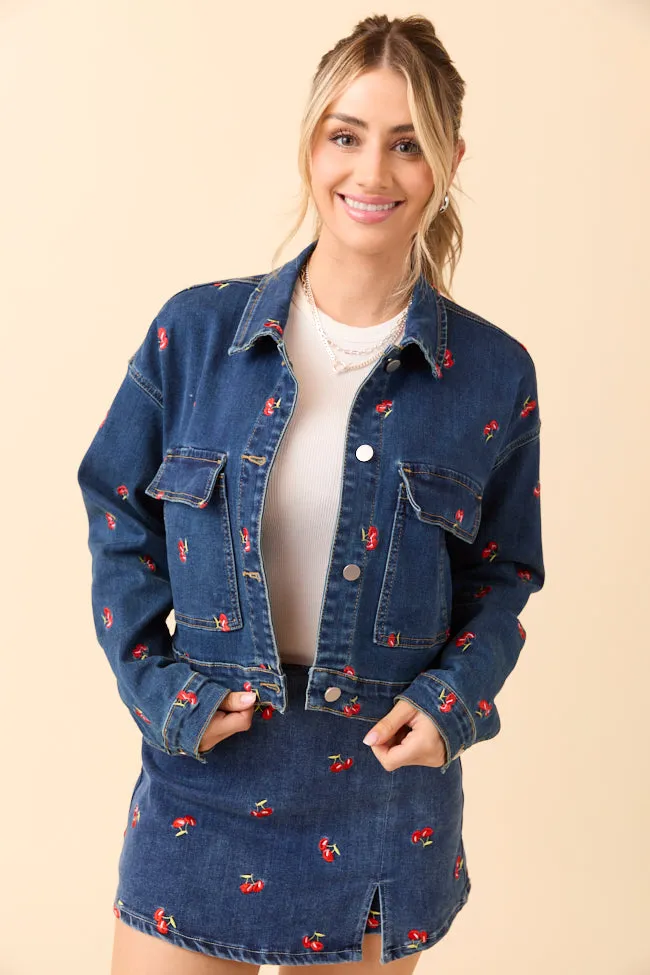 My Favorite Cherry Embroidered Stretch Denim Jacket Neutral Look