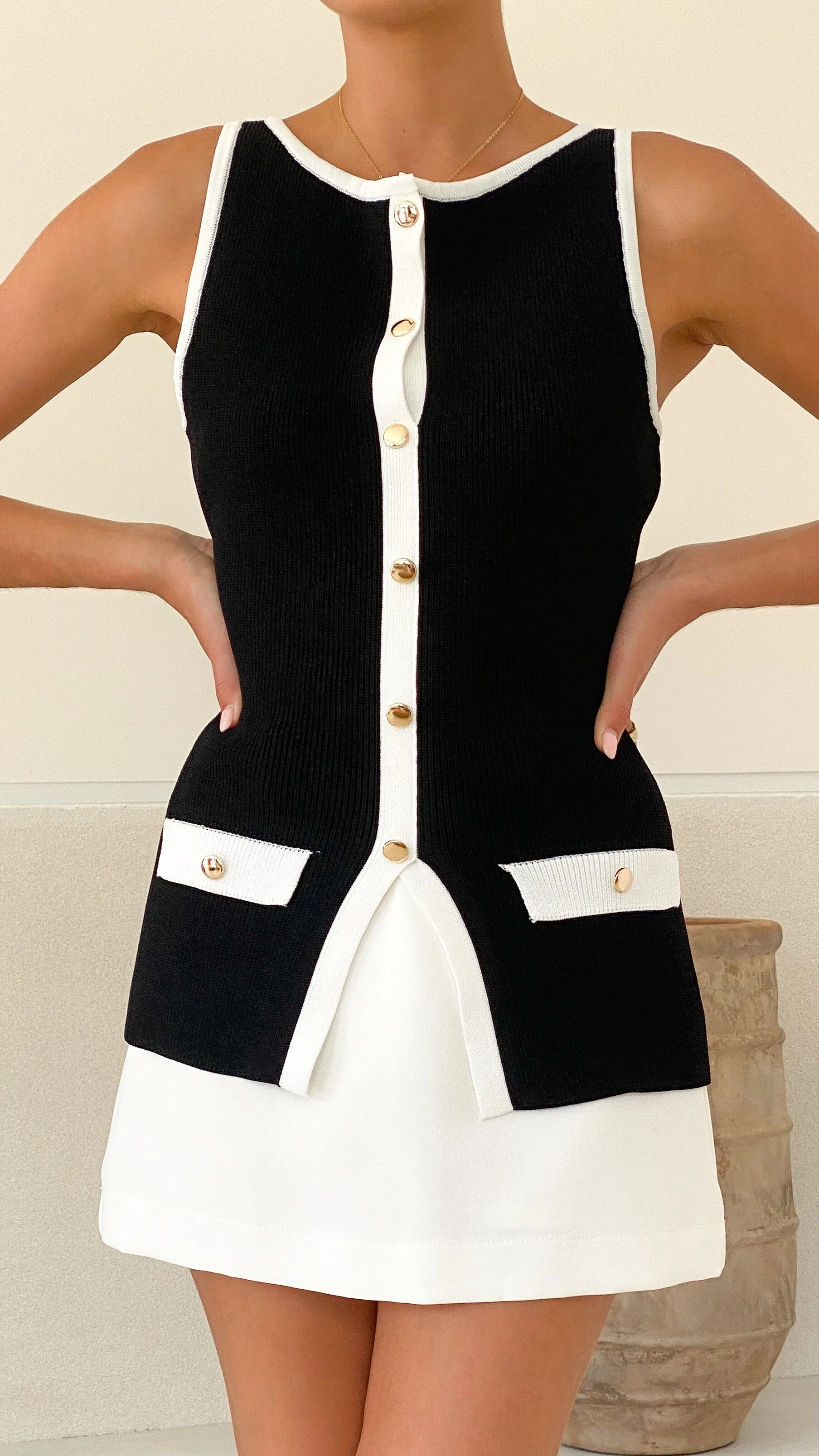 Low Care Antoinette Button Up Vest - Black/White