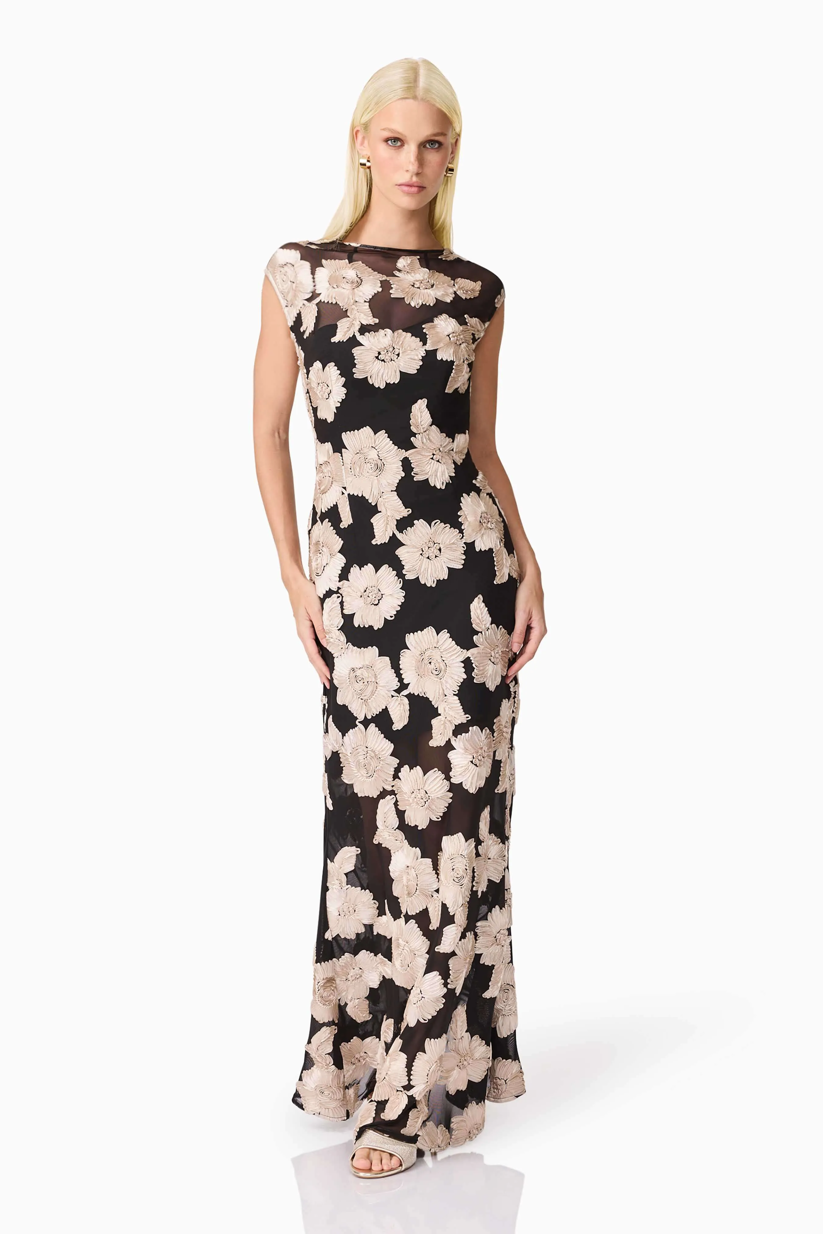 Margaux Fit & Flare Gown in Black & Gold Floral Flexible Cut
