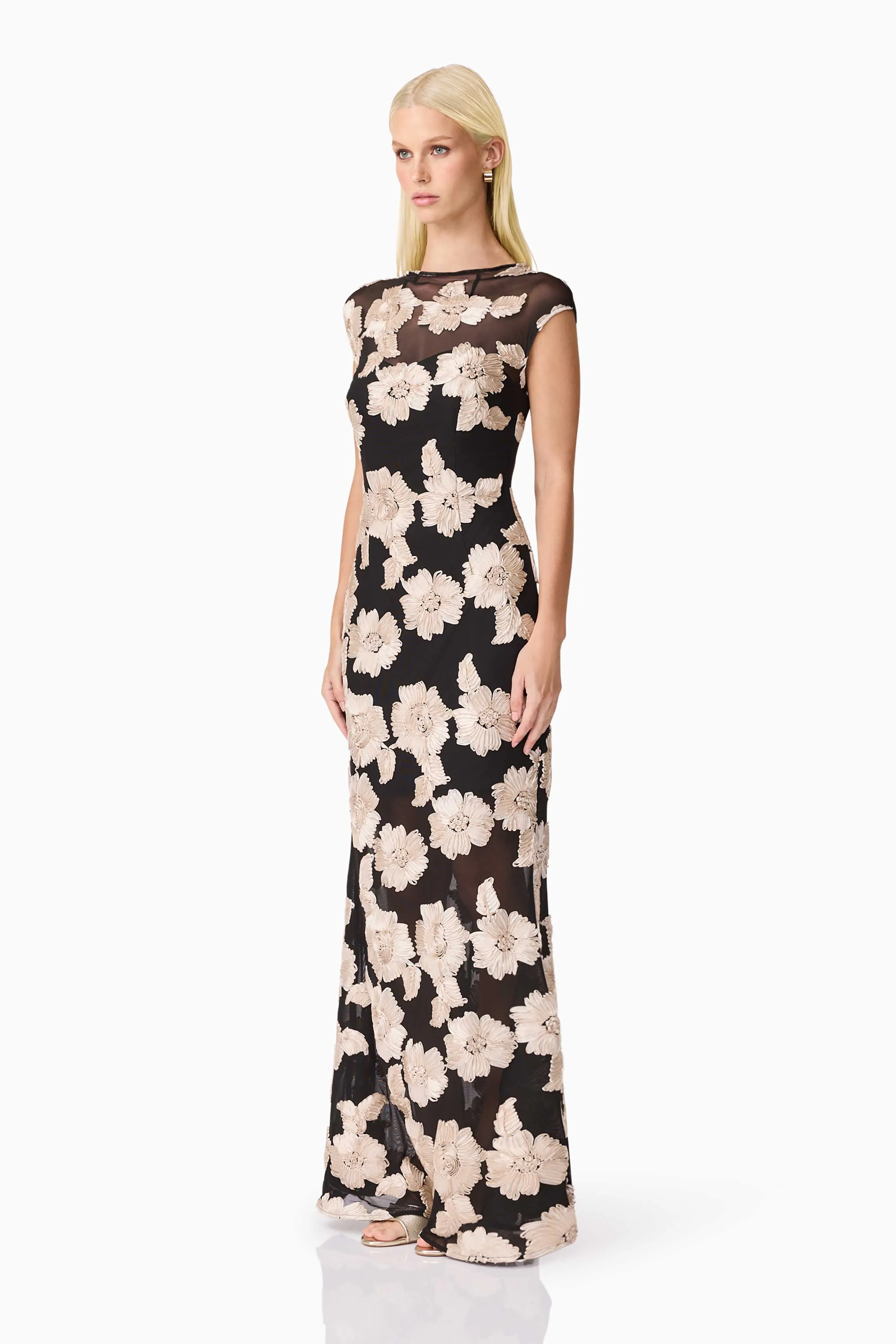 Lightweight warm-weather dress SmoothEdgeFinish Margaux Fit & Flare Gown in Black & Gold Floral