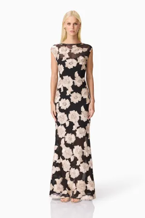 Margaux Fit & Flare Gown in Black & Gold Floral Ruffle Hem Gentle Texture