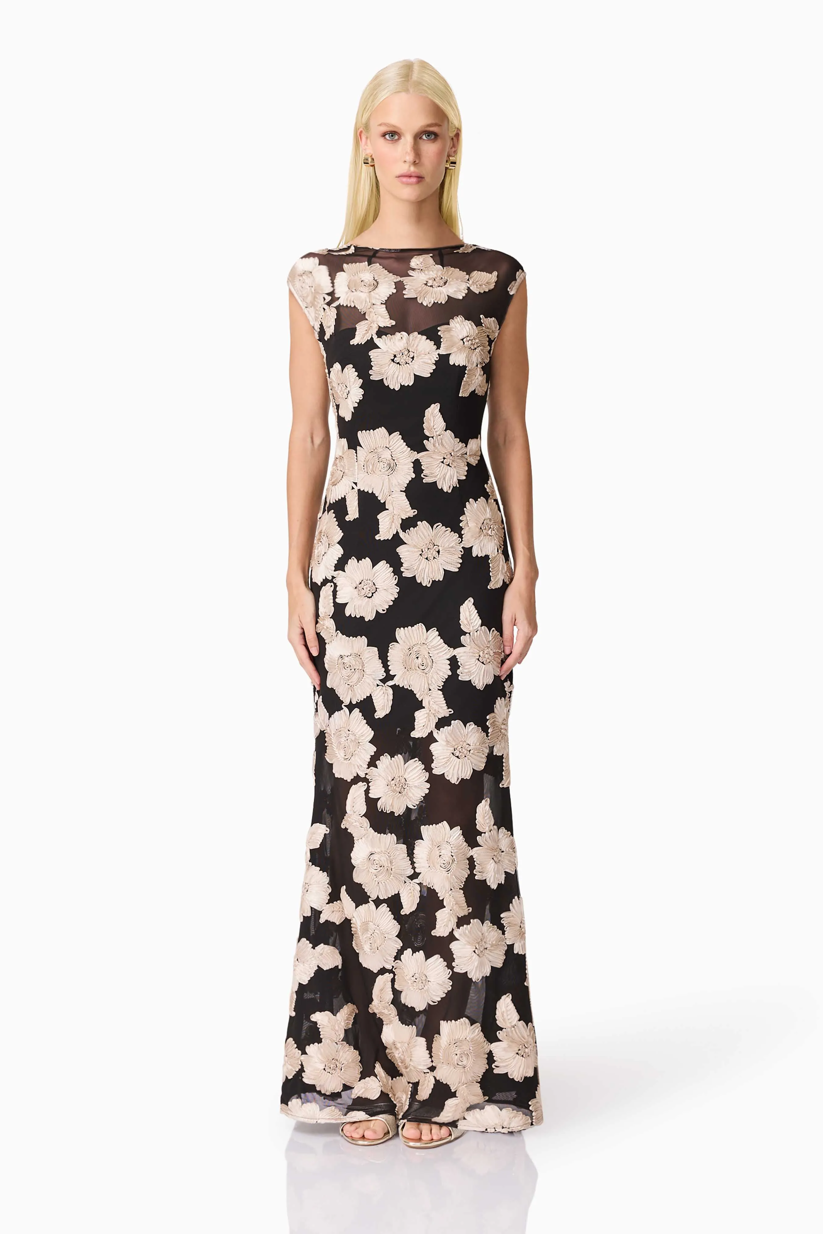 Margaux Fit & Flare Gown in Black & Gold Floral Ruffle Hem Gentle Texture