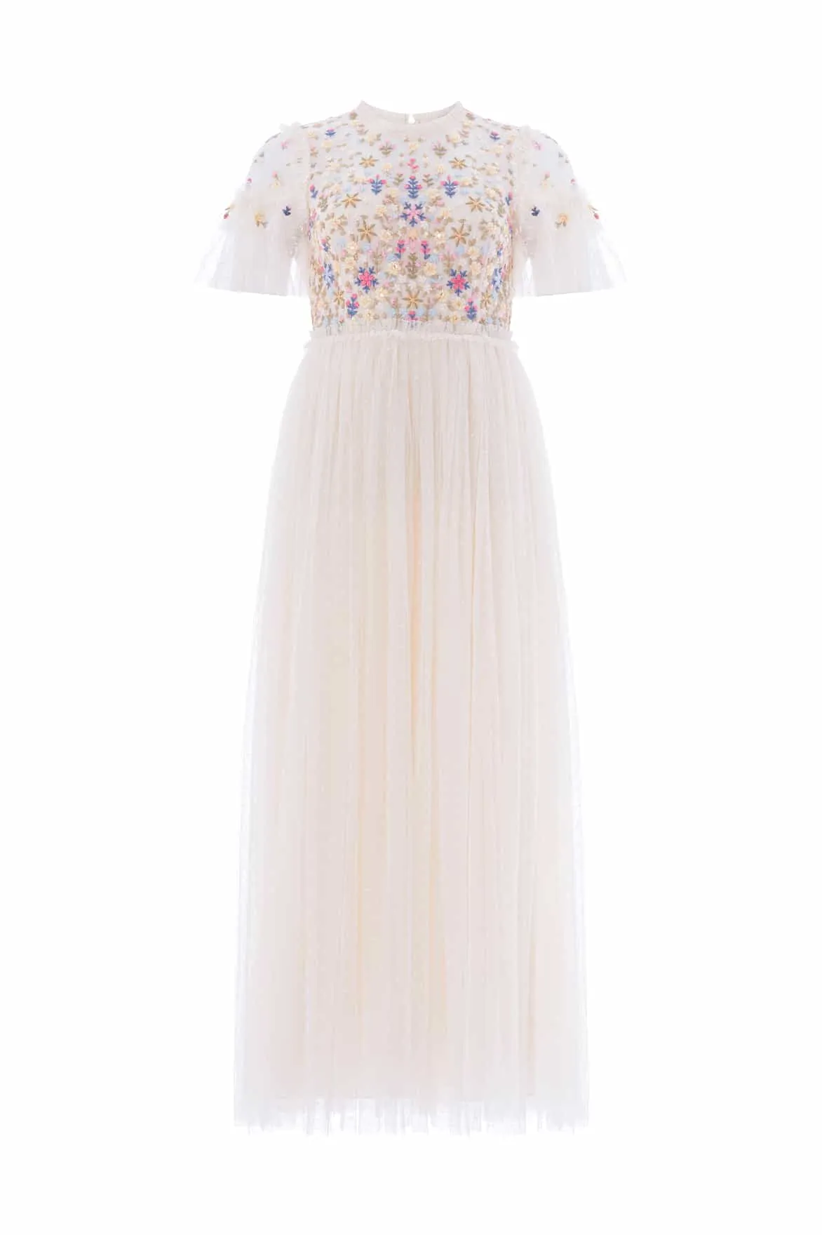 Flowerbed Embroidery Bodice Round Neck Ankle Gown Tasteful Detail Romantic-Style