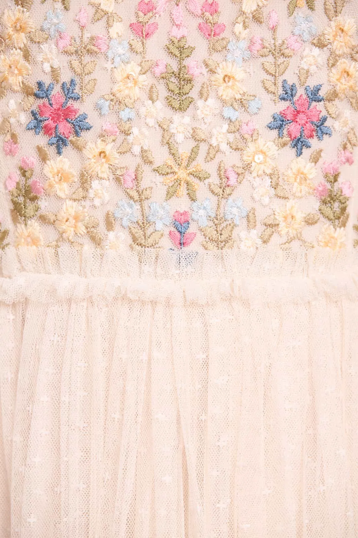 Flowerbed Embroidery Bodice Round Neck Ankle Gown Casual Fit