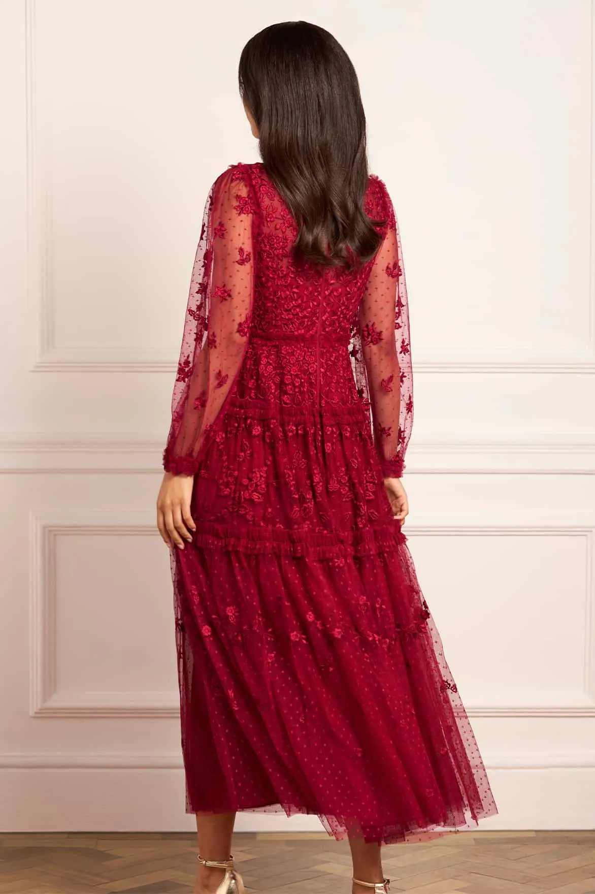 Gemstone-Detail Autumn Lace Long Sleeve Ankle Gown