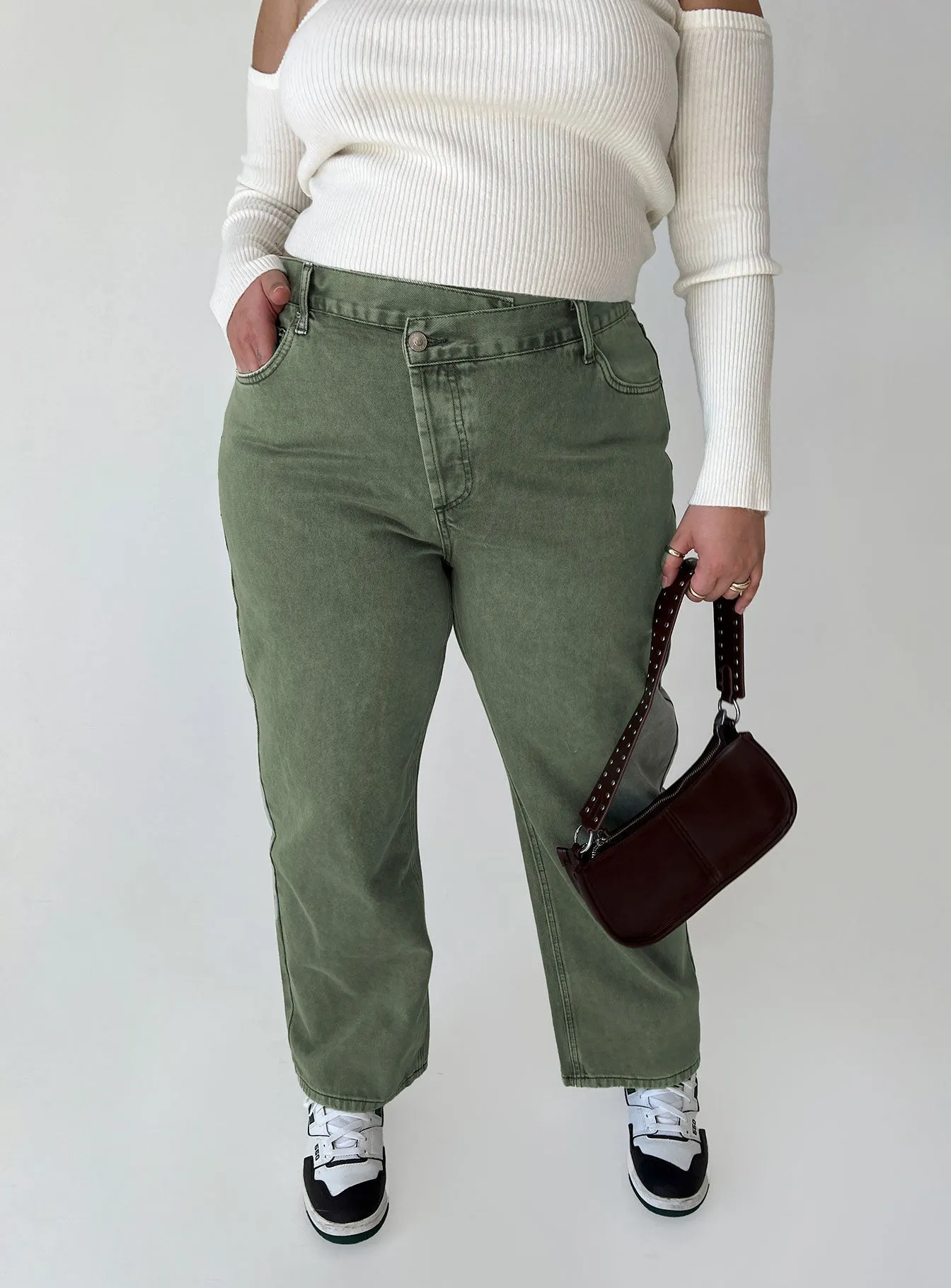 Simple Wear Holly Asymmetric Straight Leg Jean Green Denim Curve