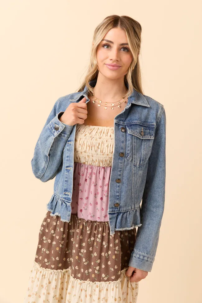 Multi Layer Option Regular Fit Cut Denim Dreams Light Wash Peplum Detail Denim Jacket