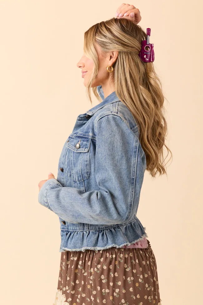 Layered Cuff System Denim Dreams Light Wash Peplum Detail Denim Jacket