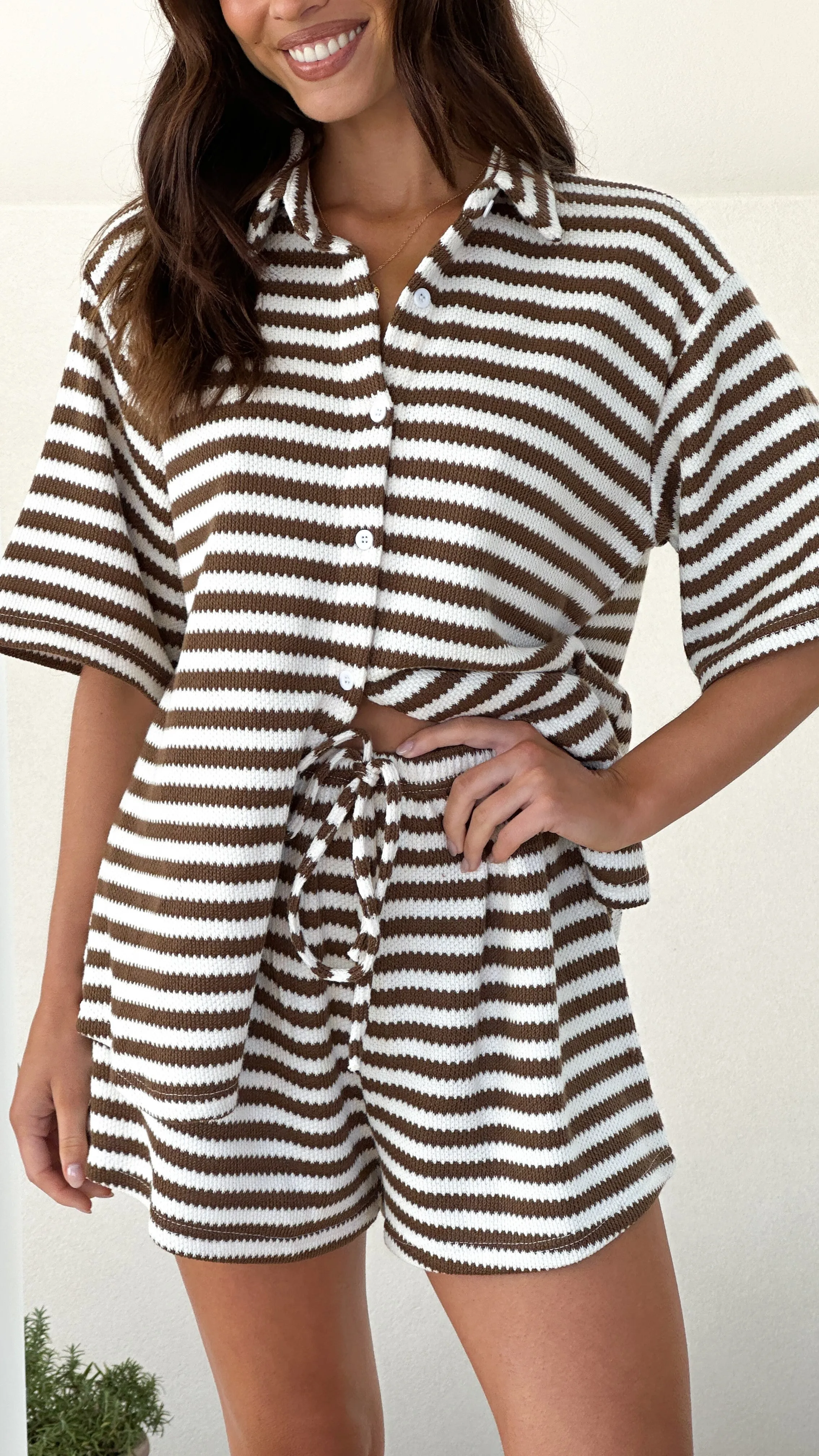 Flatlock stitching Everyday Comfort Romi Shirt and Shorts Set - Brown Stripe