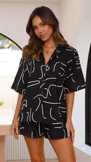 Charli Button Up Shirt and Shorts Set - Black Swirl Adjustable Hem World Glow