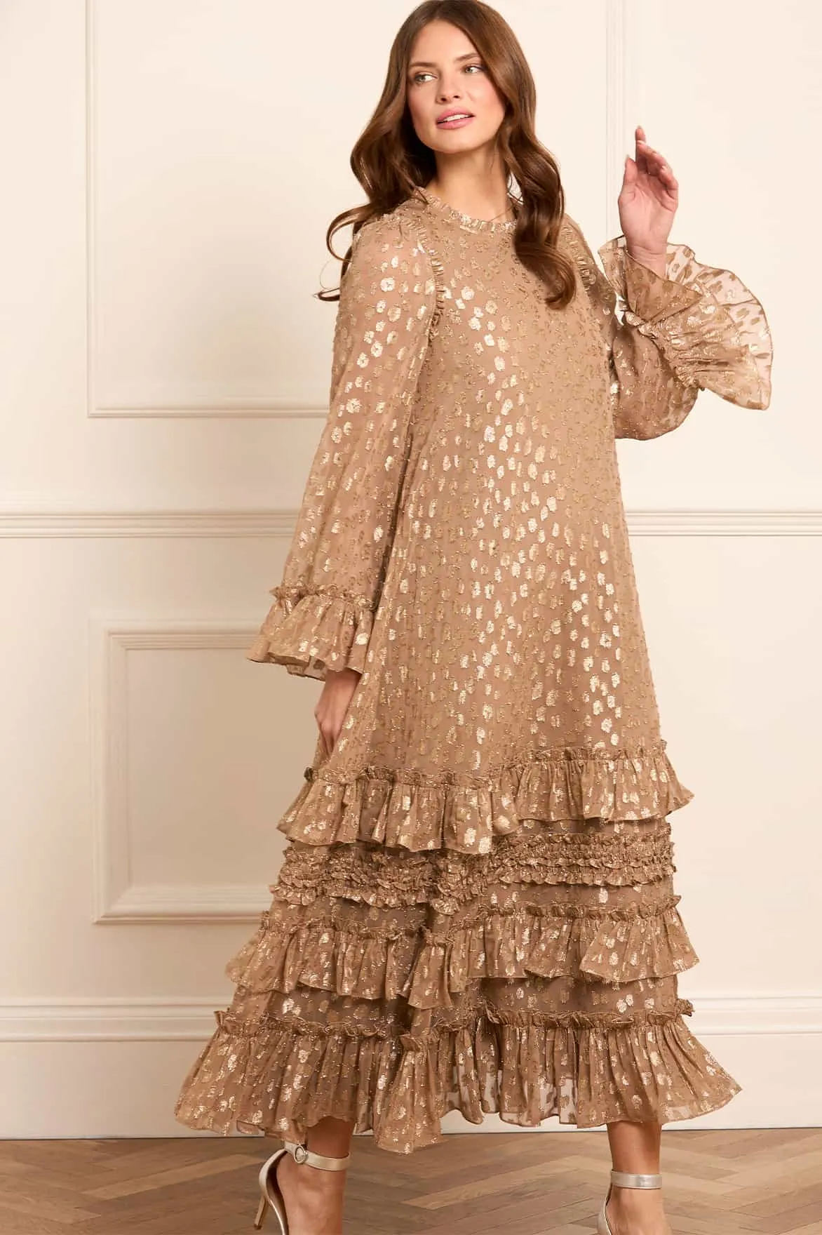 Elegant Everyday Cold-Shoulder Odelle Lurex Round Neck Ankle Gown