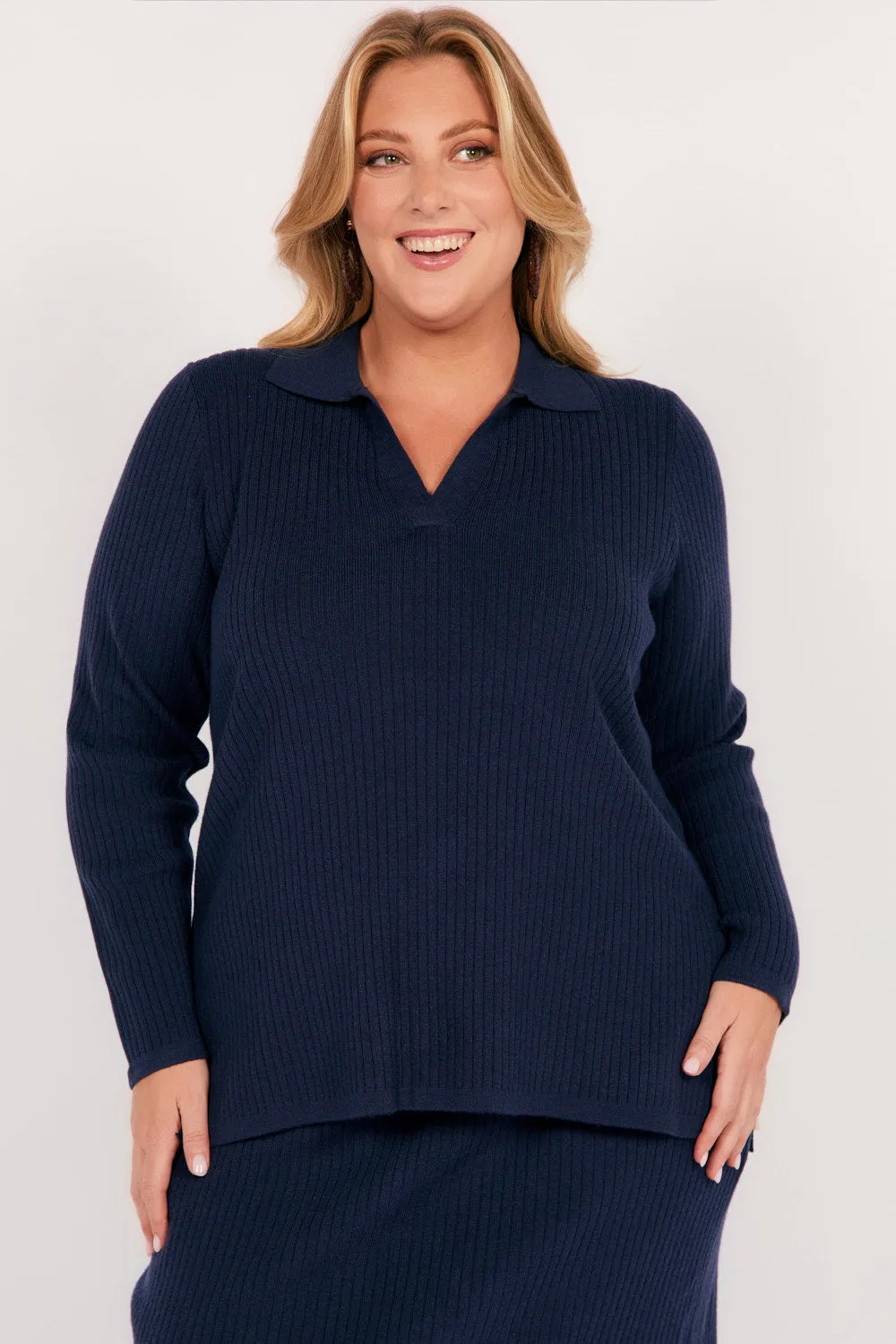 Collared Knitted Top in Navy Layer Essential Piece Subtle Color Tone