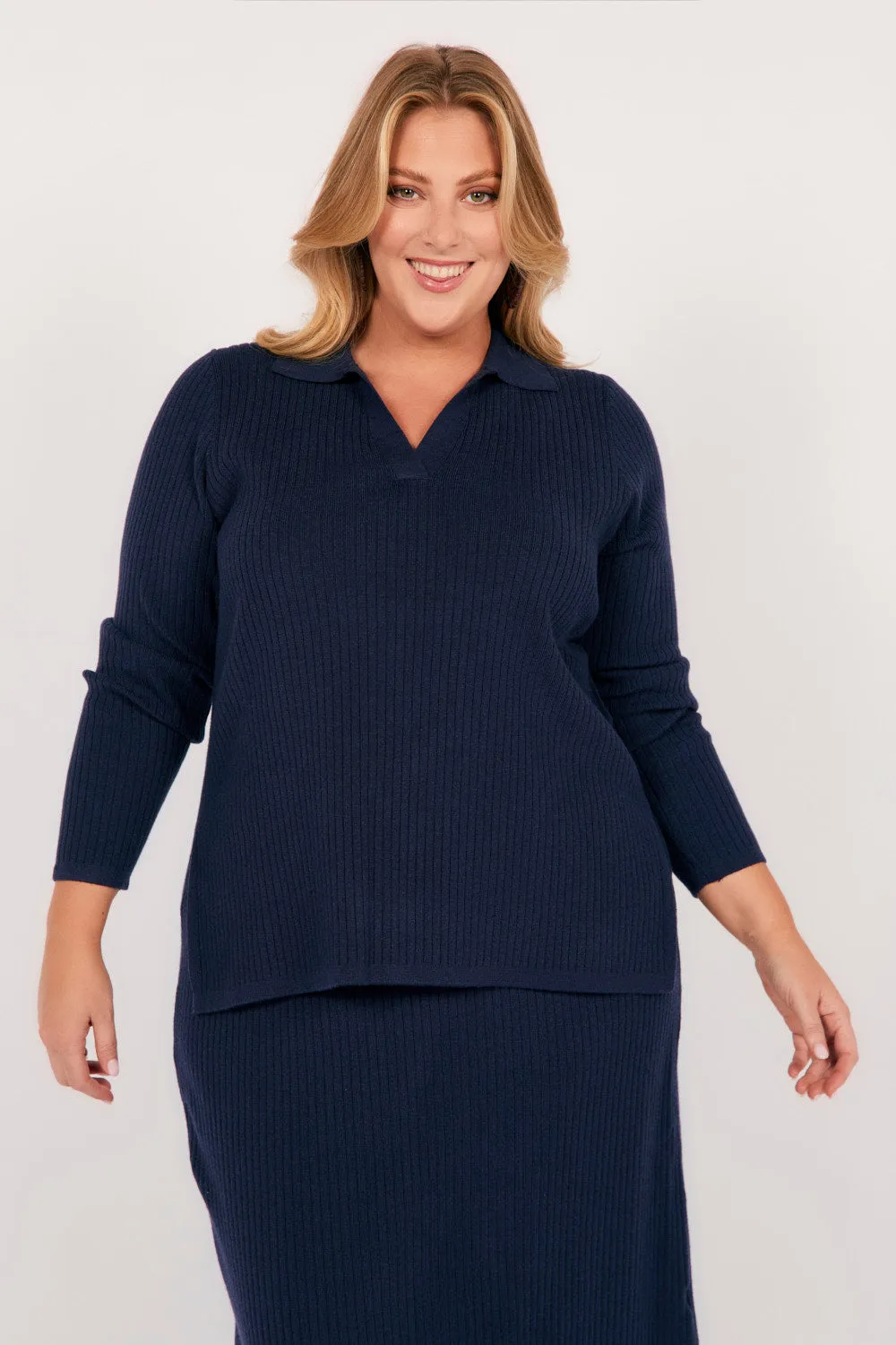 Collared Knitted Top in Navy Ergonomic Armhole Cut