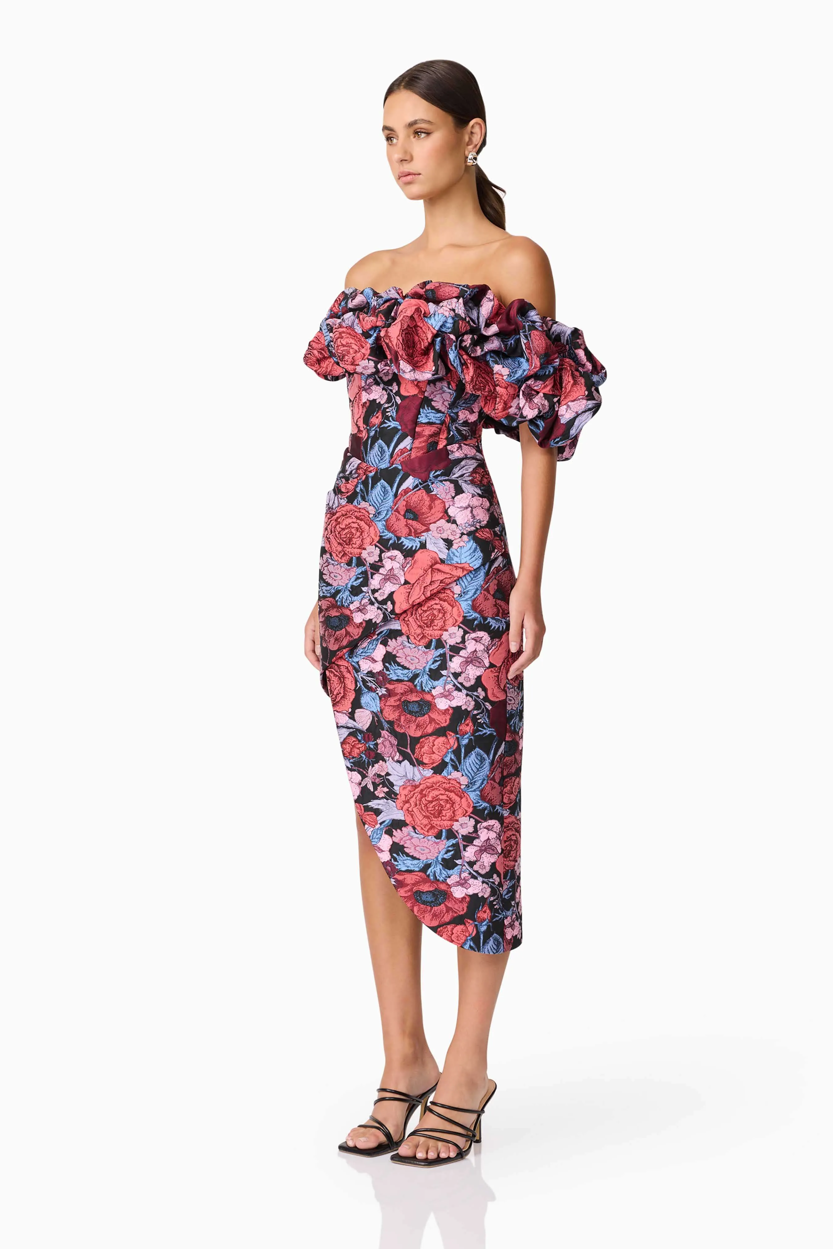 Graduation-Event Delphine Off The Shoulder Midi Dress in Pink & Back Floral