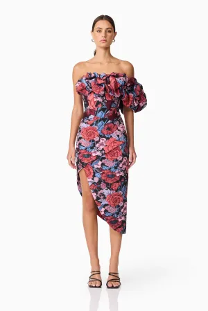 Ethically-Made Delphine Off The Shoulder Midi Dress in Pink & Back Floral