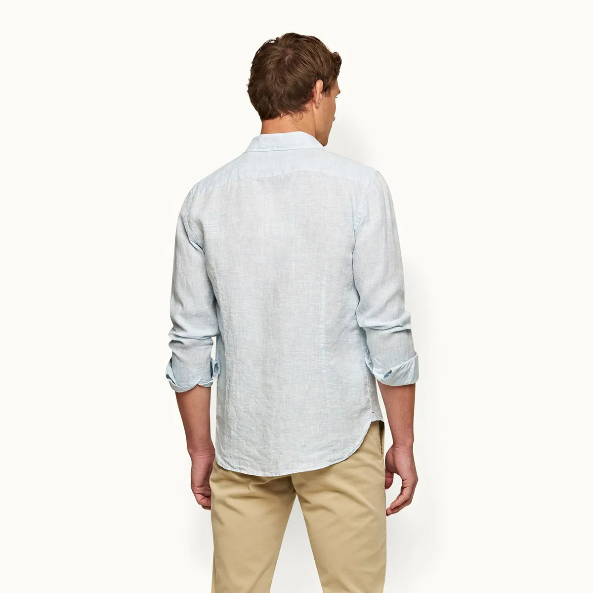 Crew Neck Design Active Outfit Orlebar Brown - Giles Linen TF Shirt in Pale Blue/White