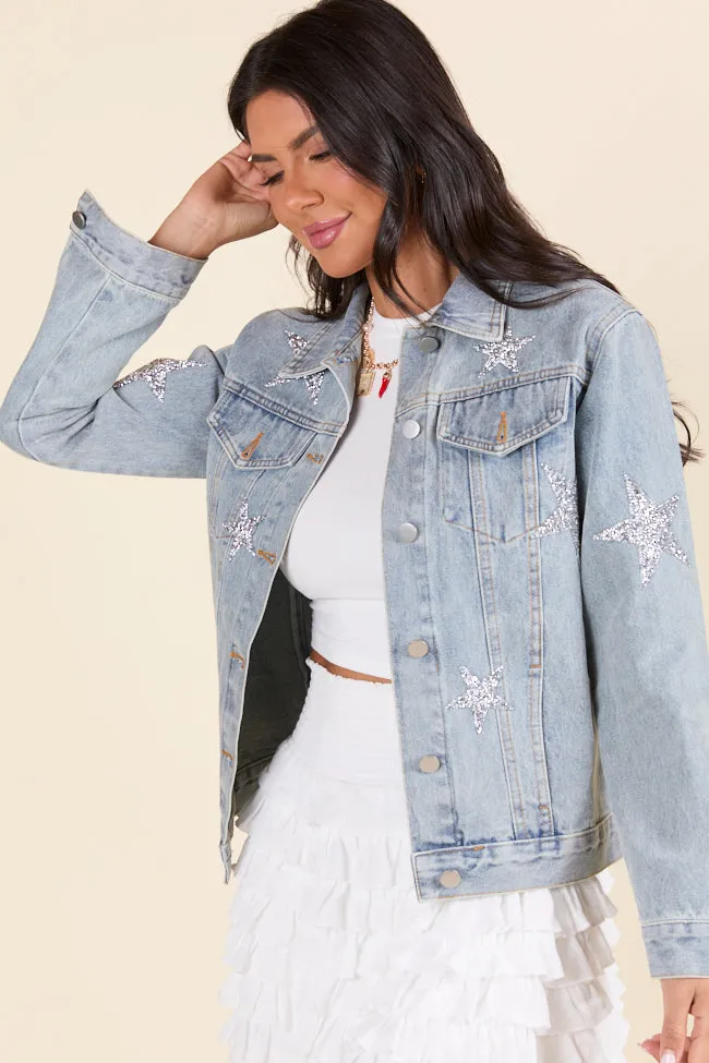 Brightest Night Light Wash Embellished Star Denim Jacket SALE Temperature Regulating Membrane